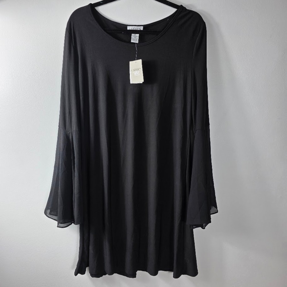 Carmen Marc Valvo Black Bell Sleeve Chiffon Trim Dress Size XL